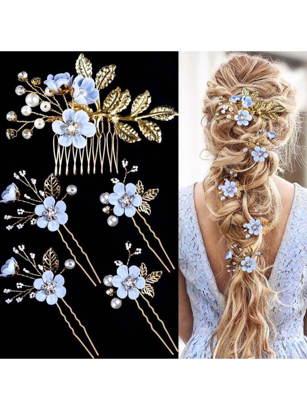 Women's Cream Blue Rhinestone Bridesmaids Crystal Jewellery Pearl Hair Clip